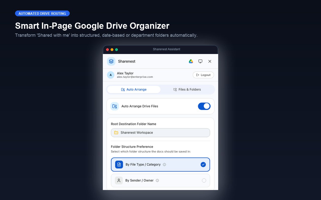 Sharenest in page side drawer organizing Google Drive shared files into neat folders